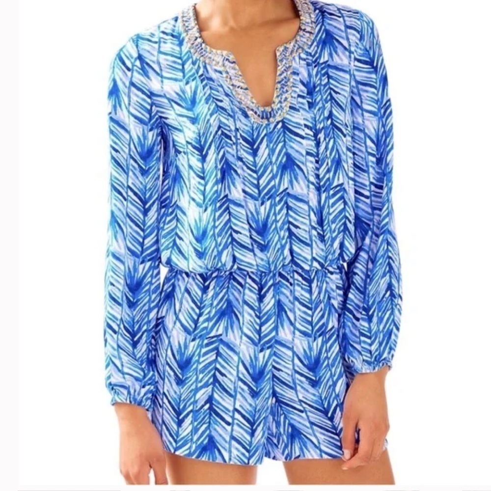 Lilly Pulitzer Colby Long Sleeve Romper in Lapis
Blue Costa Verde Size XS